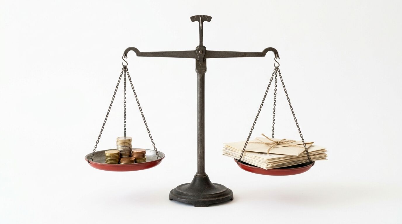 Waage im Gleichgewicht: links Münzstapel, rechts gebündelte Briefe