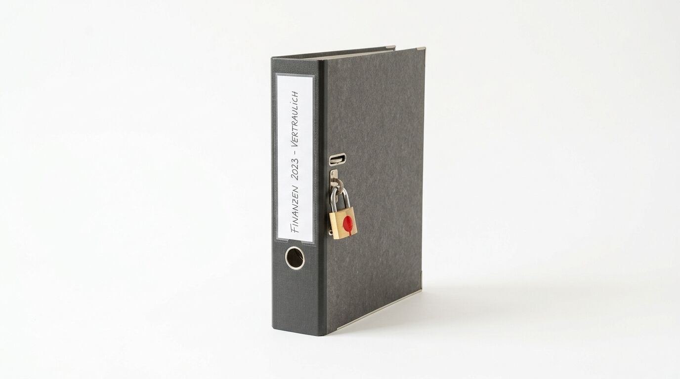 Schwarzer Aktenordner, beschriftet „FINANZEN 2023 - VERTRAULICH“, mit Vorhängeschloss gesichert
