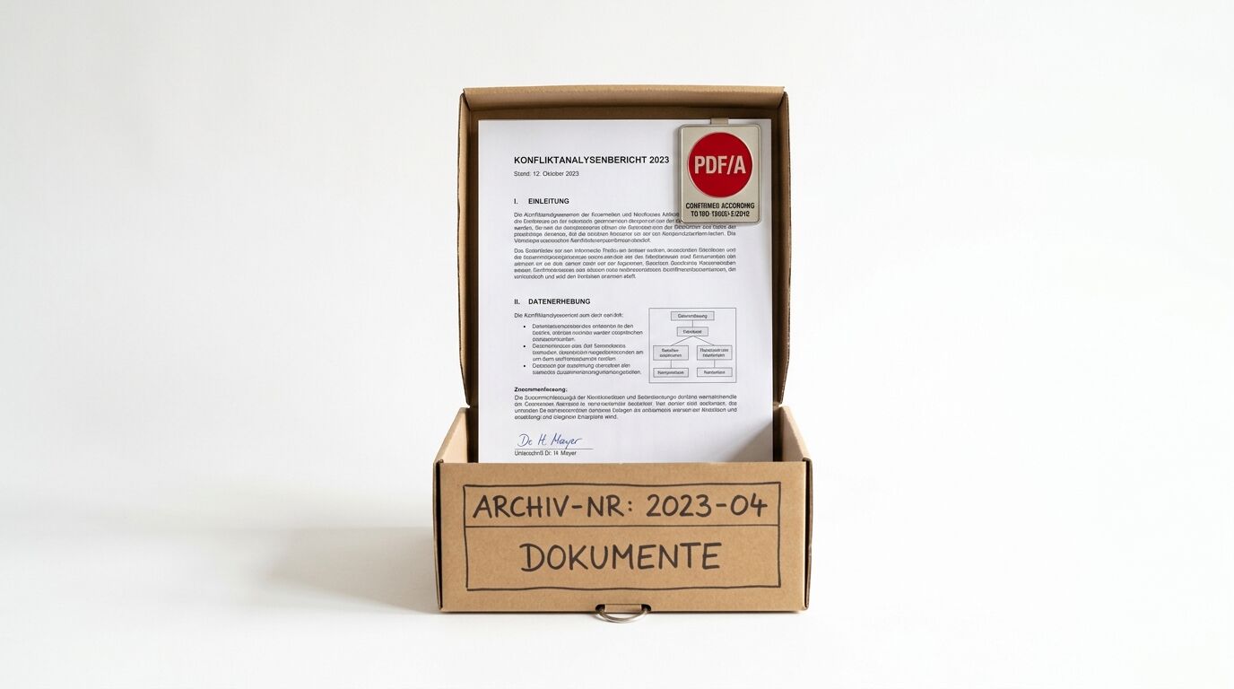 Geöffneter Karton mit „Konfliktananalysenbericht 2023“ und PDF/A-Aufkleber auf weißem Hintergrund