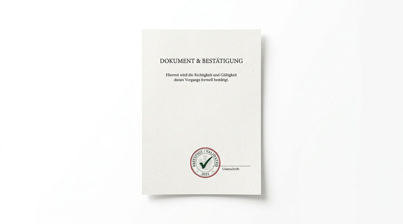 Ein helles Blatt Papier mit gedrucktem Bestätigungstext, grünem Stempel und Unterschriftslinie