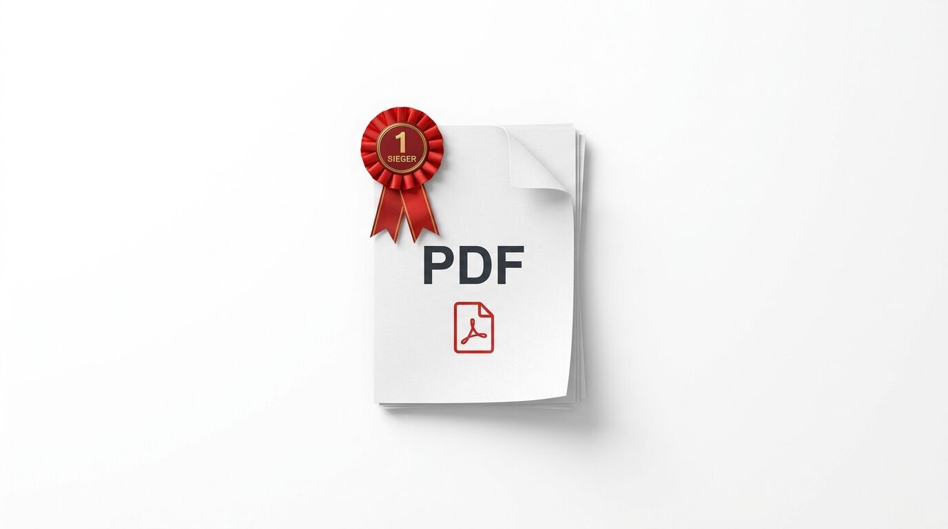 Ein Stapel weißer Papiere mit einer roten „SIEGER“-Medaille und einem PDF-Symbol