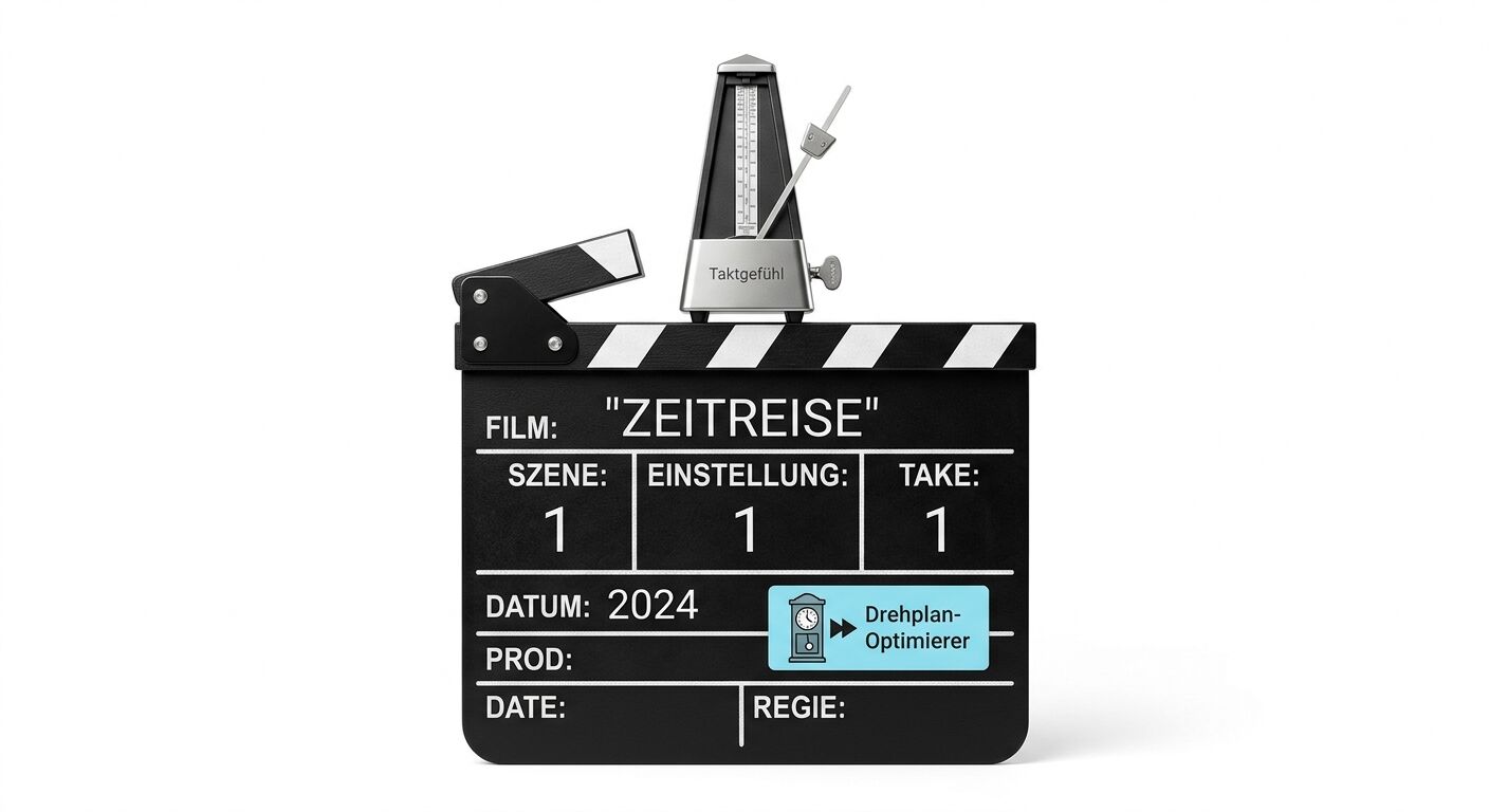 Filmklappe mit „ZEITREISE“-Aufschrift, ein Metronom darauf, alles vor weißem Hintergrund