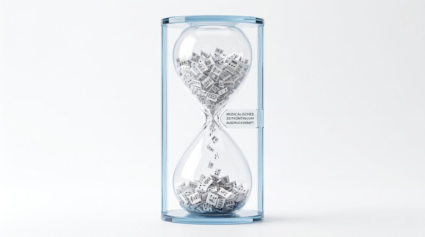 Sanduhr mit Notenblättern statt Sand auf weißem Hintergrund und deutschem Text