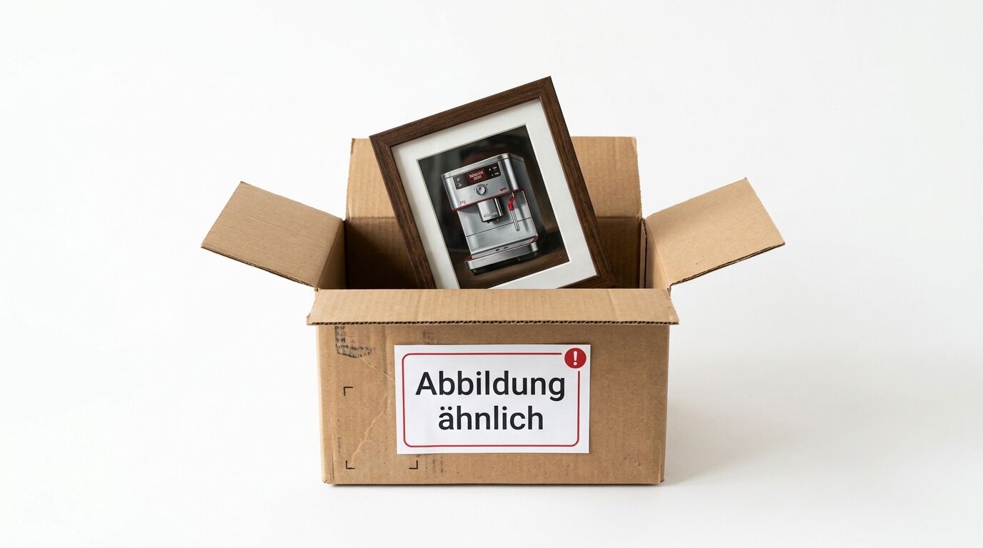 Ein Karton mit Aufkleber „Abbildung ähnlich“ und einem eingerahmten Bild einer Kaffeemaschine darin