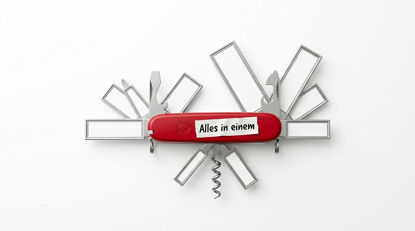 Schweizer Taschenmesser mit aufgeklappten leeren Rahmen statt Werkzeugen und Schriftzug