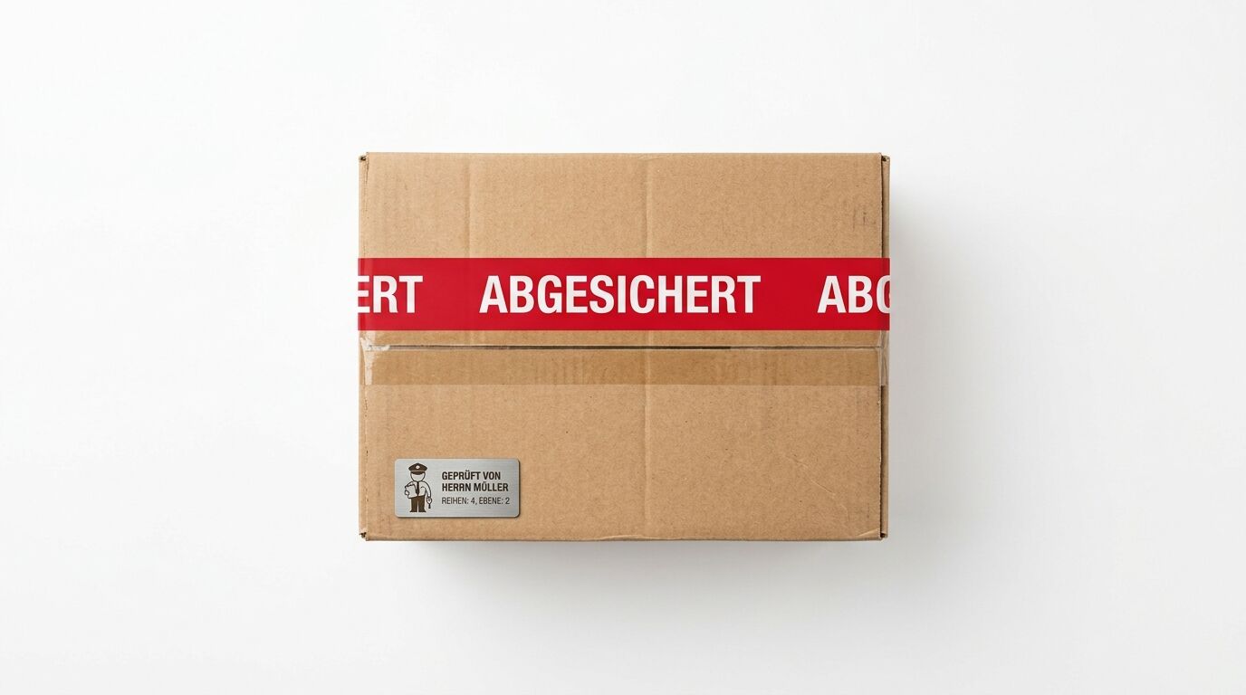 Karton mit rotem Klebeband „ABGESICHERT“ und Etikett „GEPRÜFT VON HERRN MÜLLER“