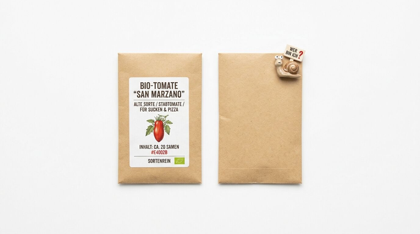 Ein Päckchen San Marzano Tomatensamen und ein leeres Päckchen mit einer Spielschnecke