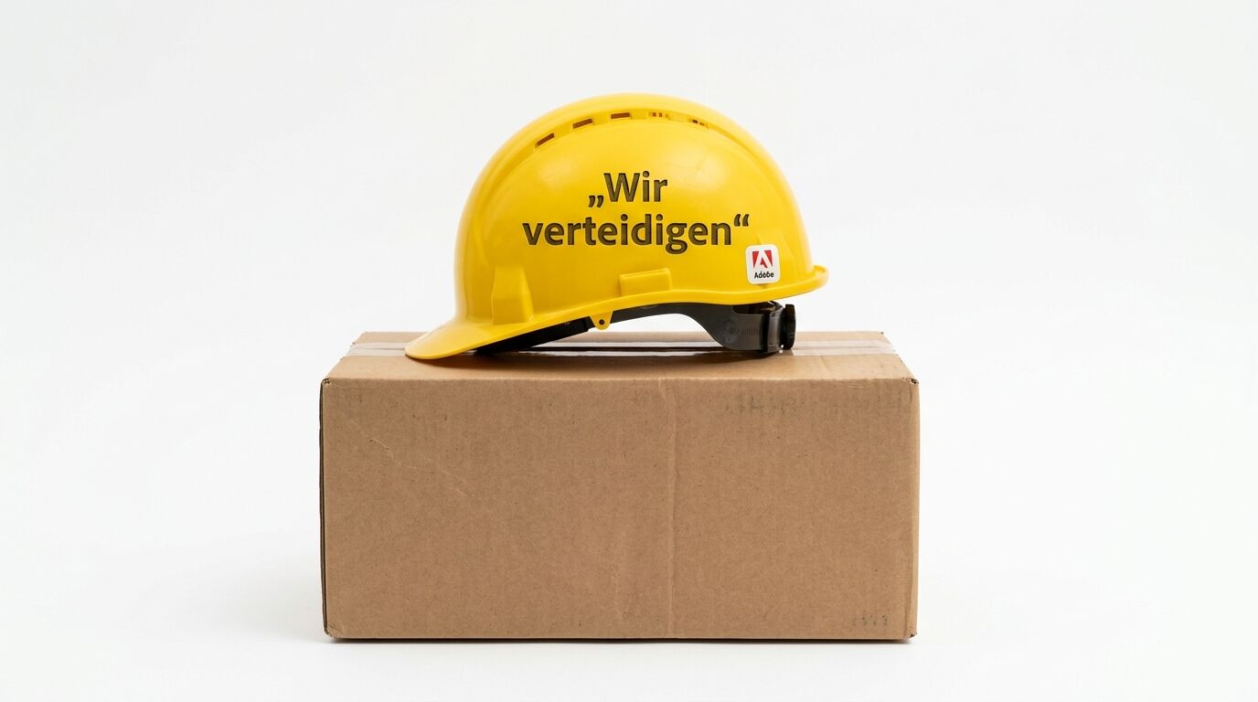 Ein gelber Schutzhelm mit Aufschrift liegt auf einem Karton vor weißem Hintergrund