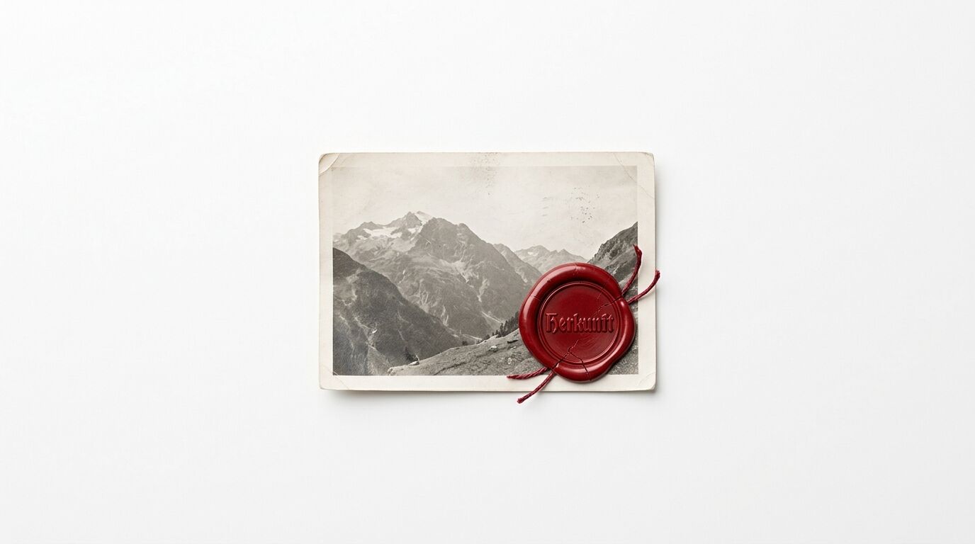Altes Gebirgsfoto mit rotem Siegellack und Aufschrift Herkunft auf weißem Grund
