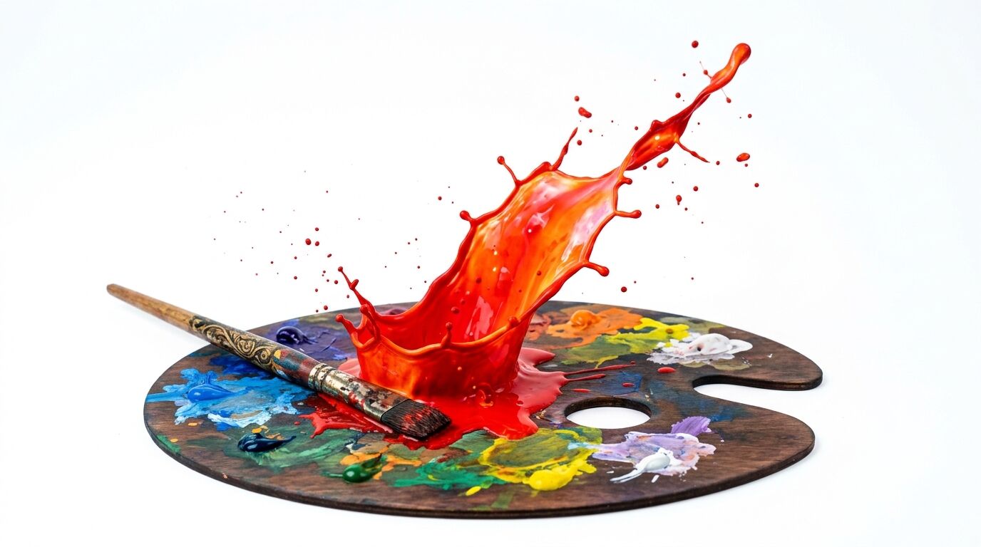 Roter Farbspritzer auf Malerpalette mit Pinsel