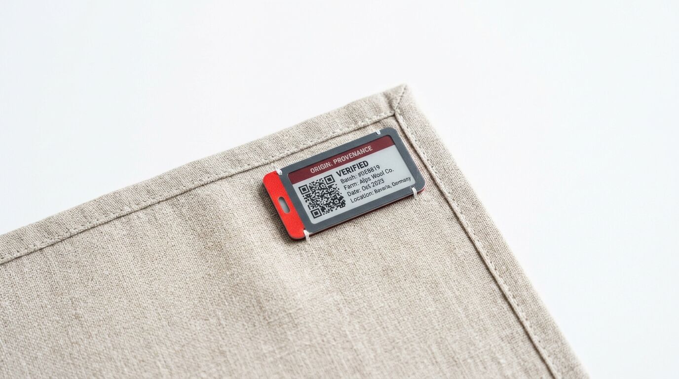 Ein am Leinenstoff befestigter elektronischer Herkunftsnachweis mit QR-Code und Text