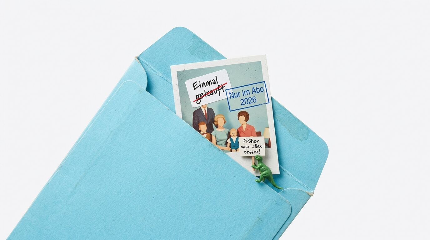Ein offener blauer Umschlag mit einem Familienfoto, Spielzeug-Dino und Text-Stickern