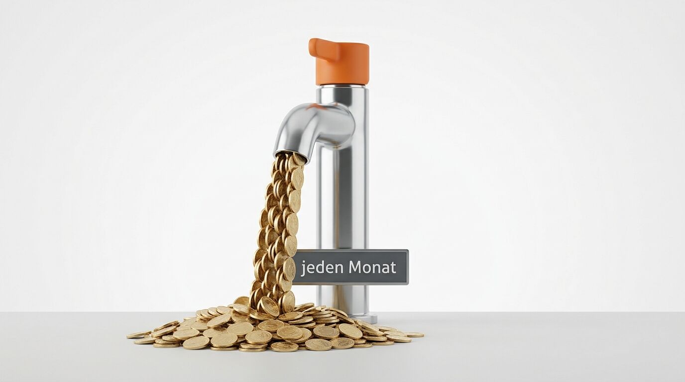 Goldmünzen fließen aus einem Wasserhahn, daneben ein Schild mit der Aufschrift 