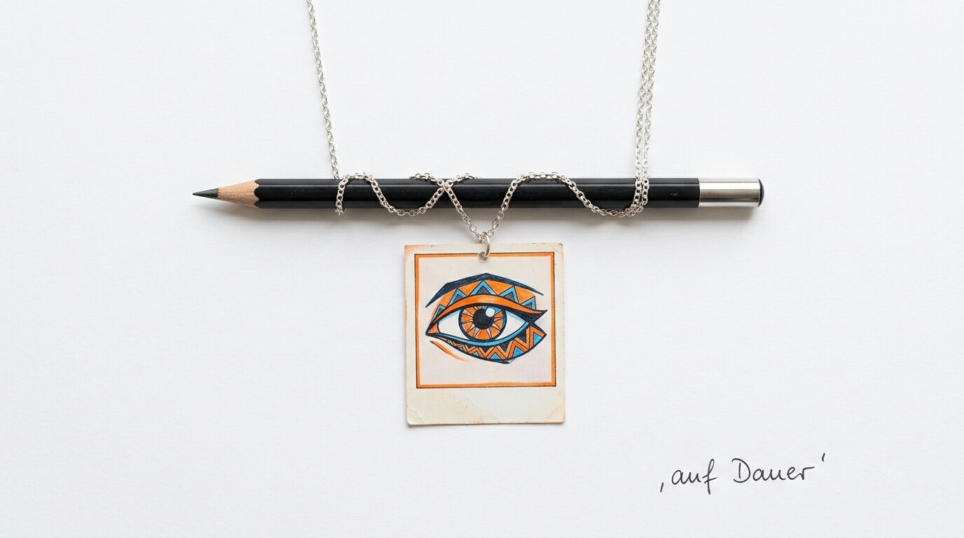 Halskette mit Augen-Anhänger hängt an schwarzem Stift; Text ',auf Dauer' rechts unten