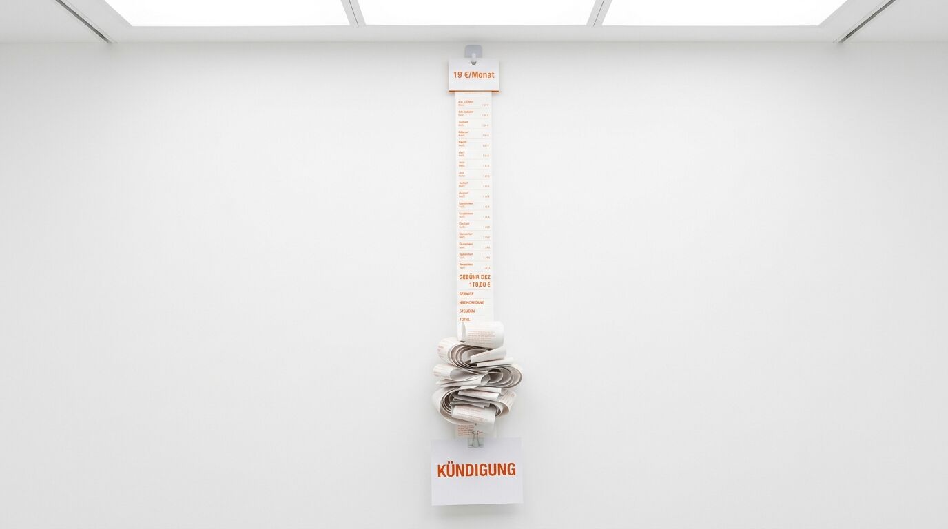 Langer Kassenbon mit einem Knäuel in der Mitte und einem Schild mit der Aufschrift „KÜNDIGUNG“
