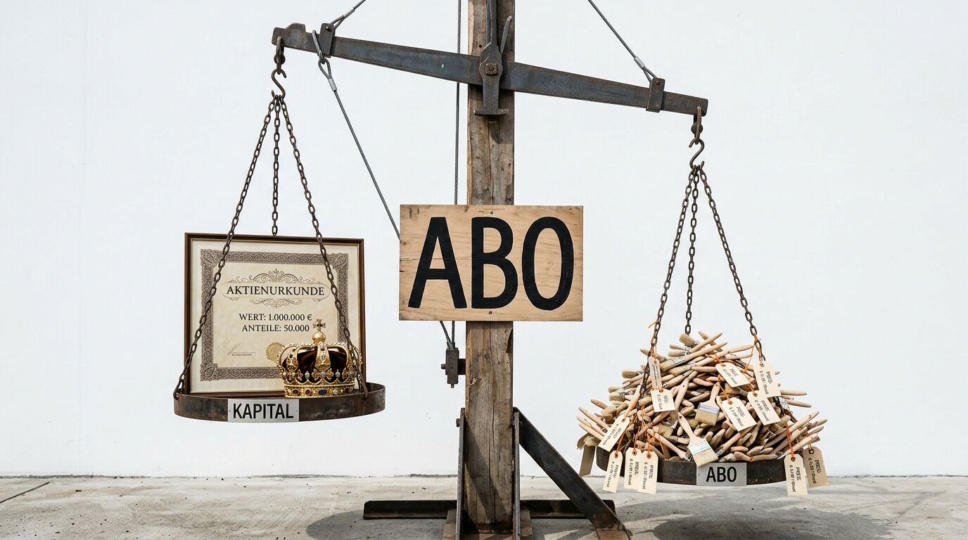 Alte Holzwage mit „Kapital“-Schale (Aktieurkunde) und „ABO“-Schale (Pinsel-Haufen) in der Waage