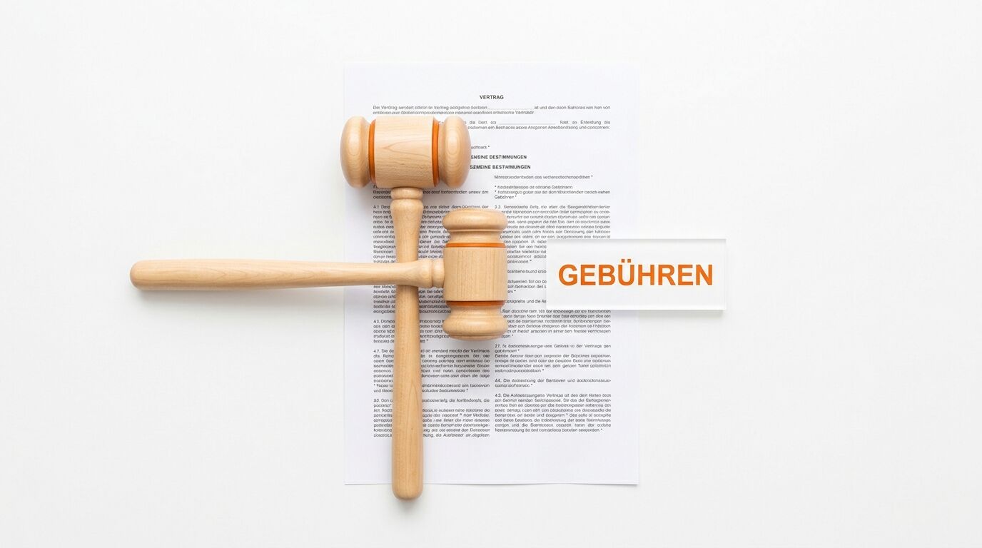 Zwei Richterhämmer auf einem Vertrag und ein Schild mit dem Wort 