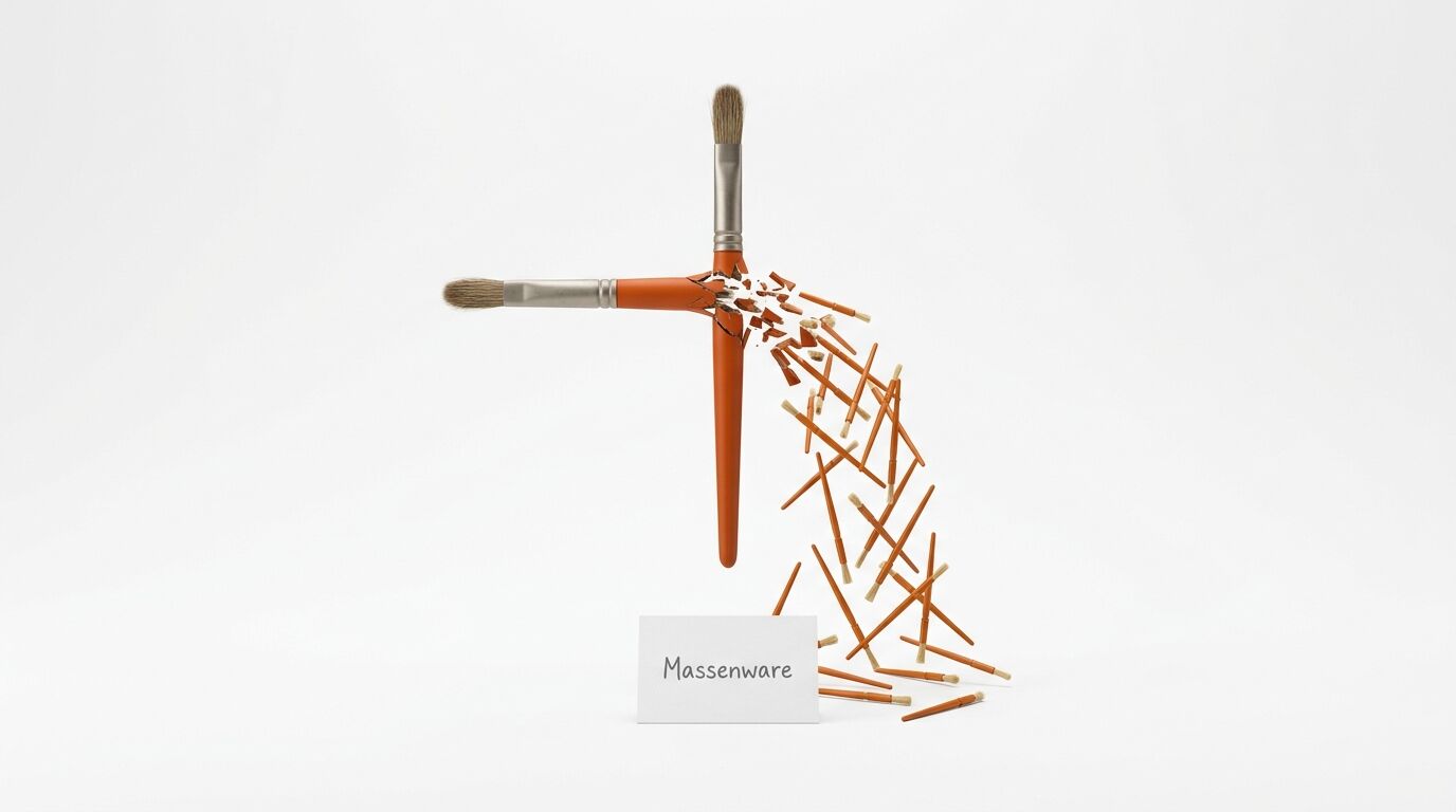 Zwei Pinsel bilden ein Kreuz, der vertikale zerbricht in viele kleine, mit Karte „Massenware“