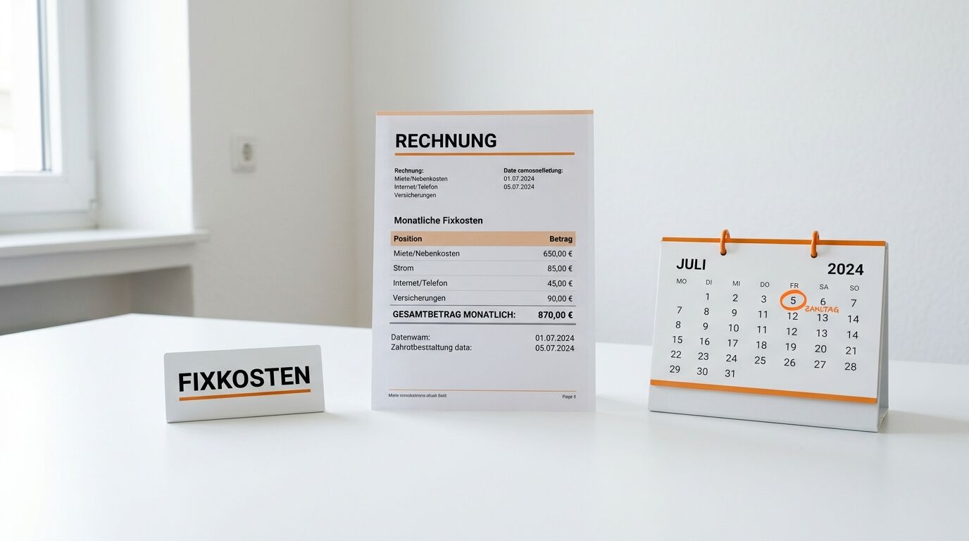Rechnung, Fixkosten-Schild und Tischkalender mit Zahltag-Kreis stehen auf hellem Tisch