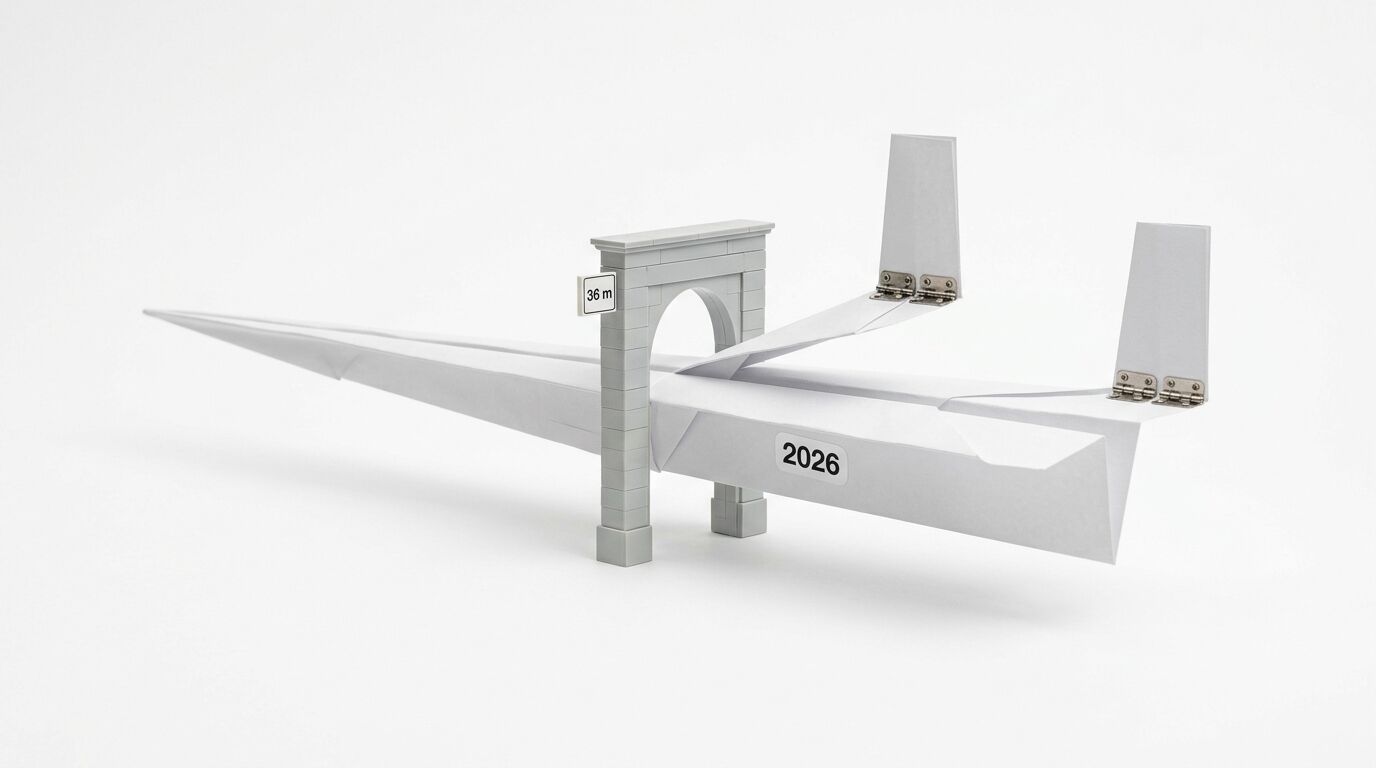 Weißes Papierflugzeug mit Gelenkhecks, „2026“-Sticker, durch grauen Bogen mit „36 m“-Schild