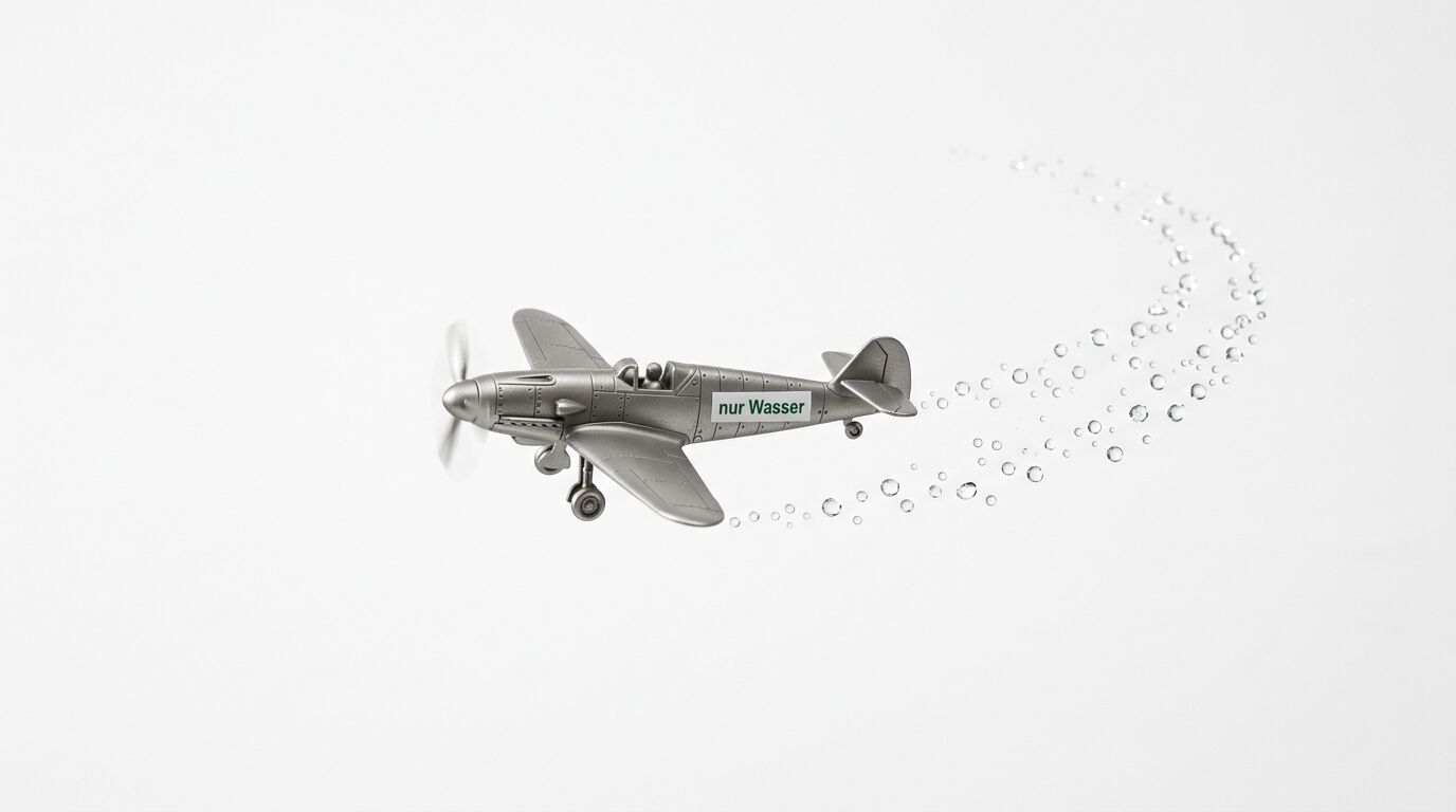 Silbernes Spielzeugflugzeug auf weißem Grund zieht Wassertropfen spur nach, Rumpf mit Text: nur Wasser