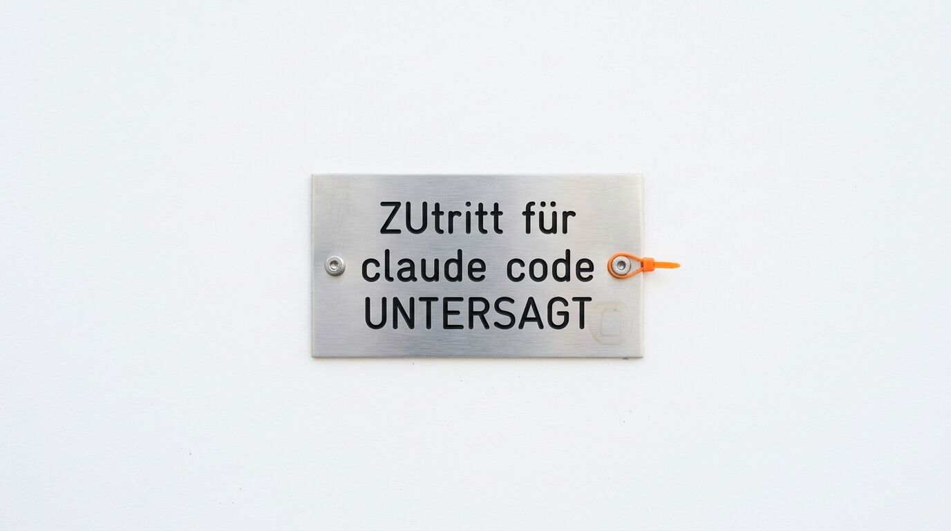 Schild mit Aufschrift „ZUtritt für claude code UNTERSAGT“, montiert mit Schraube und Plombe