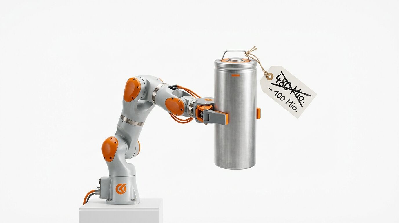 Roboterarm hält Metallzylinder mit Preisschild, auf dem „-100 Mio.“ handgeschrieben steht