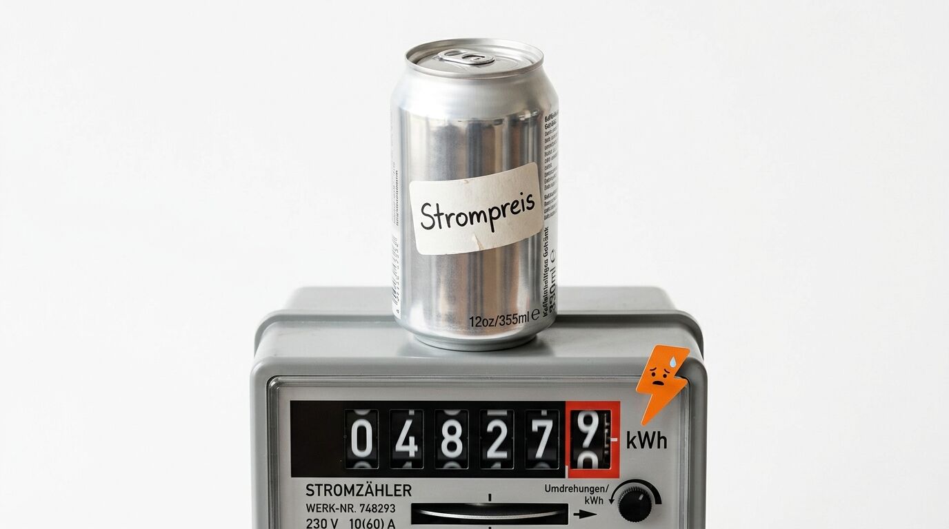 Getränkedose mit Etikett „Strompreis“ steht auf einem Stromzähler