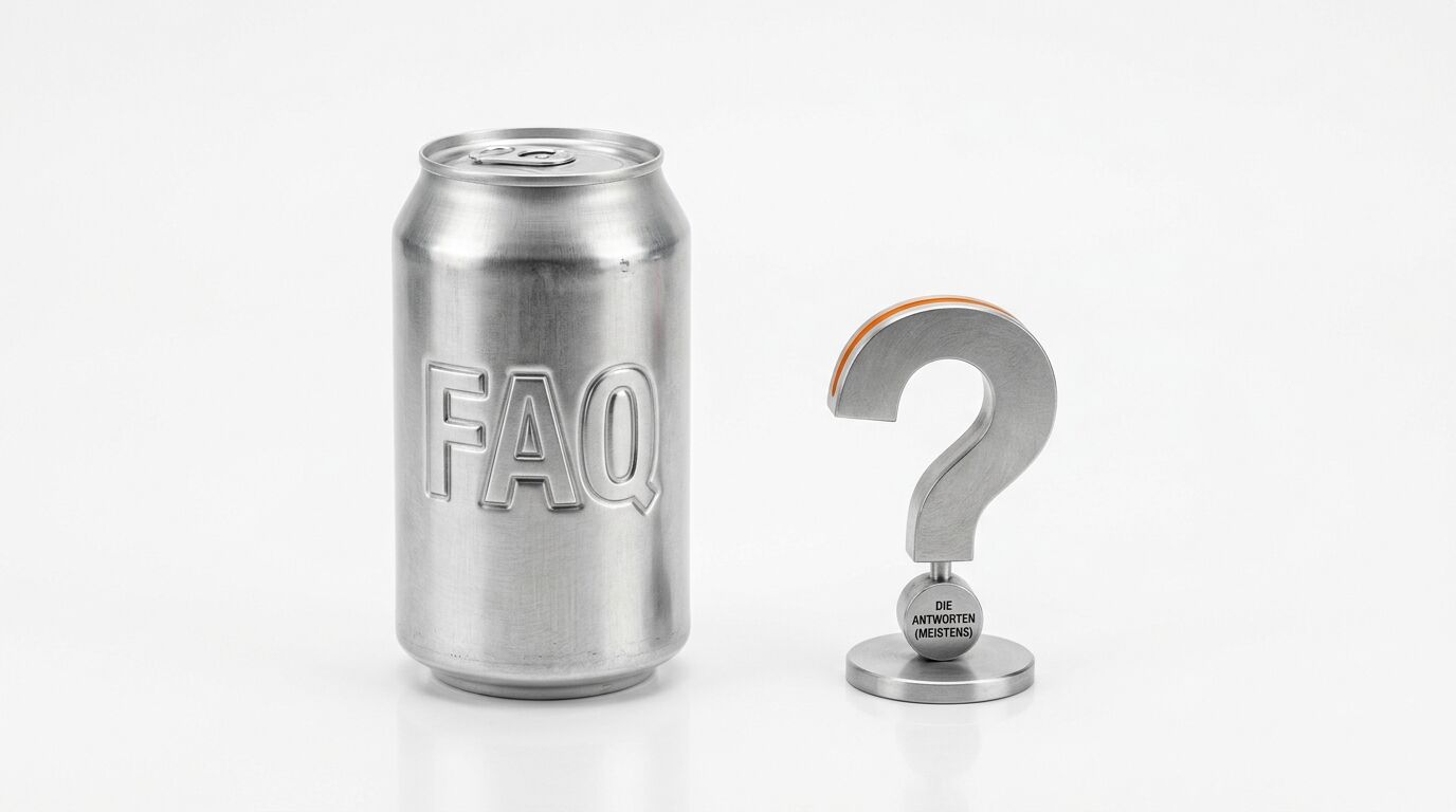 Aludose mit „FAQ“-Prägung und ein metallisches Fragezeichen auf einem Sockel, vor weißem Hintergrund