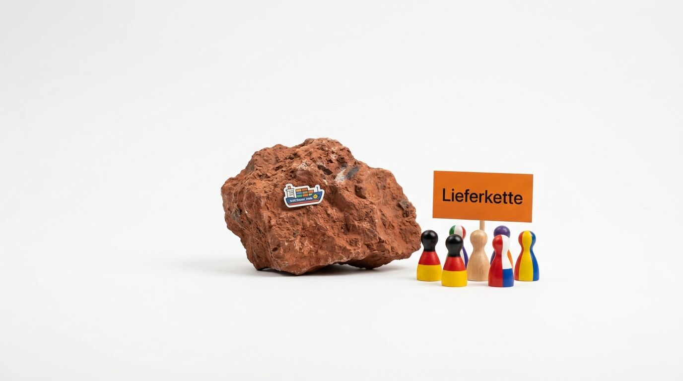 Spielfiguren vor Stein mit Schiff und Schild „Lieferkette“