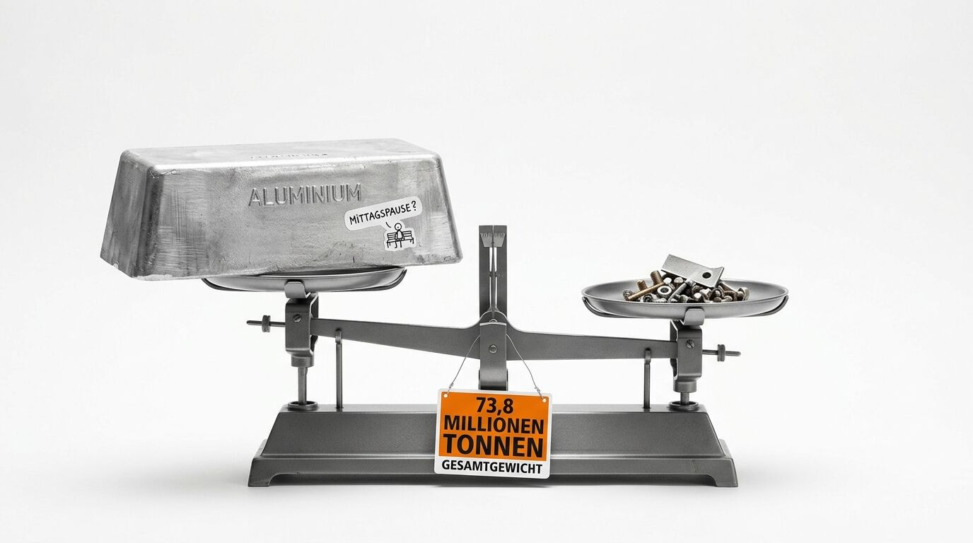 Waage mit Aluminiumbarren links, Metallteilen rechts und Textschild mittig