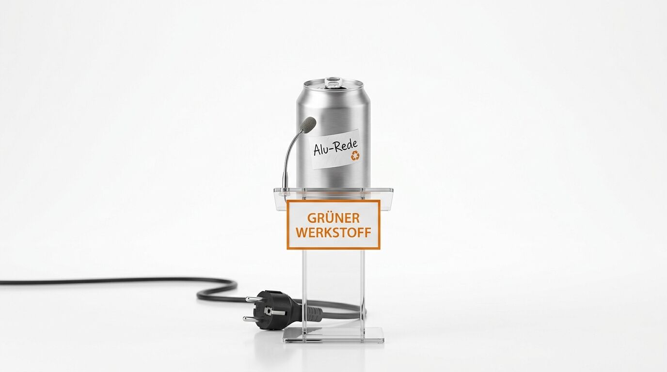 Dose „Alu-Rede“ auf Pult „GRÜNER WERKSTOFF“ mit Mikro und Stecker