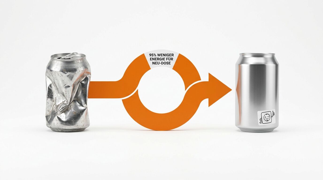Infografik: Zerdrückte Alu-Dose, Recycling-Pfeil mit Text, neue Dose mit Aufkleber