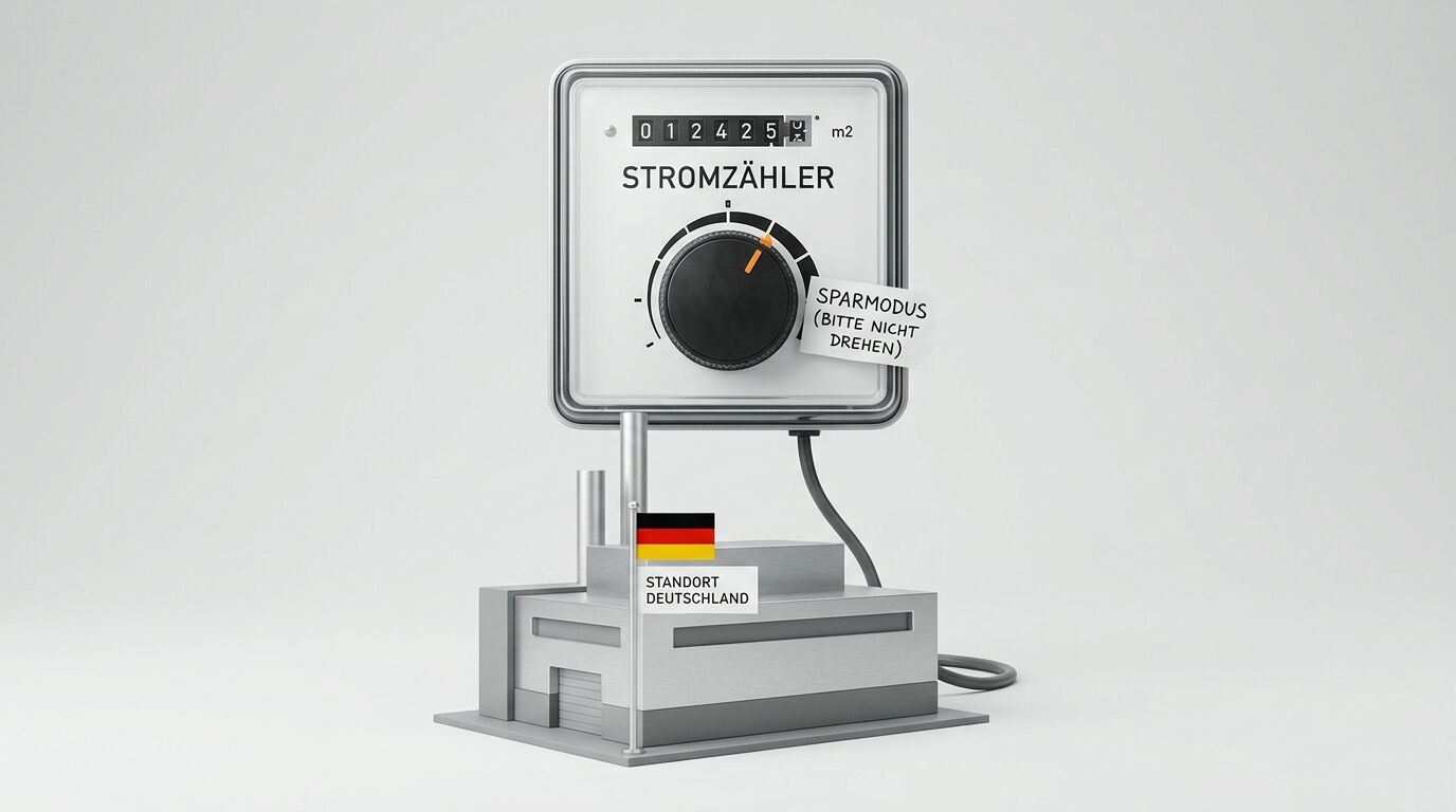 Stromzähler auf Fabrikmodell, Deutschlandfahne und Sparmodus-Hinweis