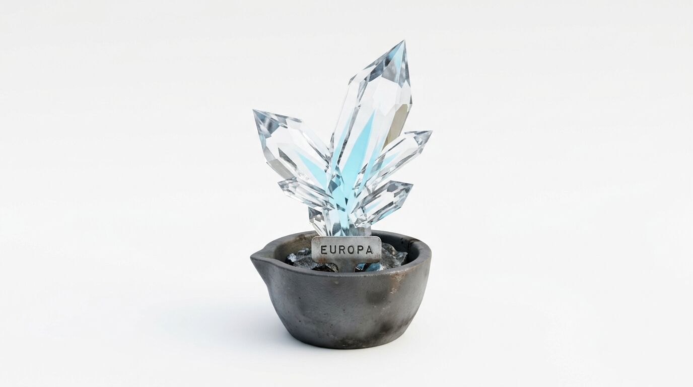 Ein Kristall-Cluster in einer dunklen Schale mit einem Metallschild „EUROPA“