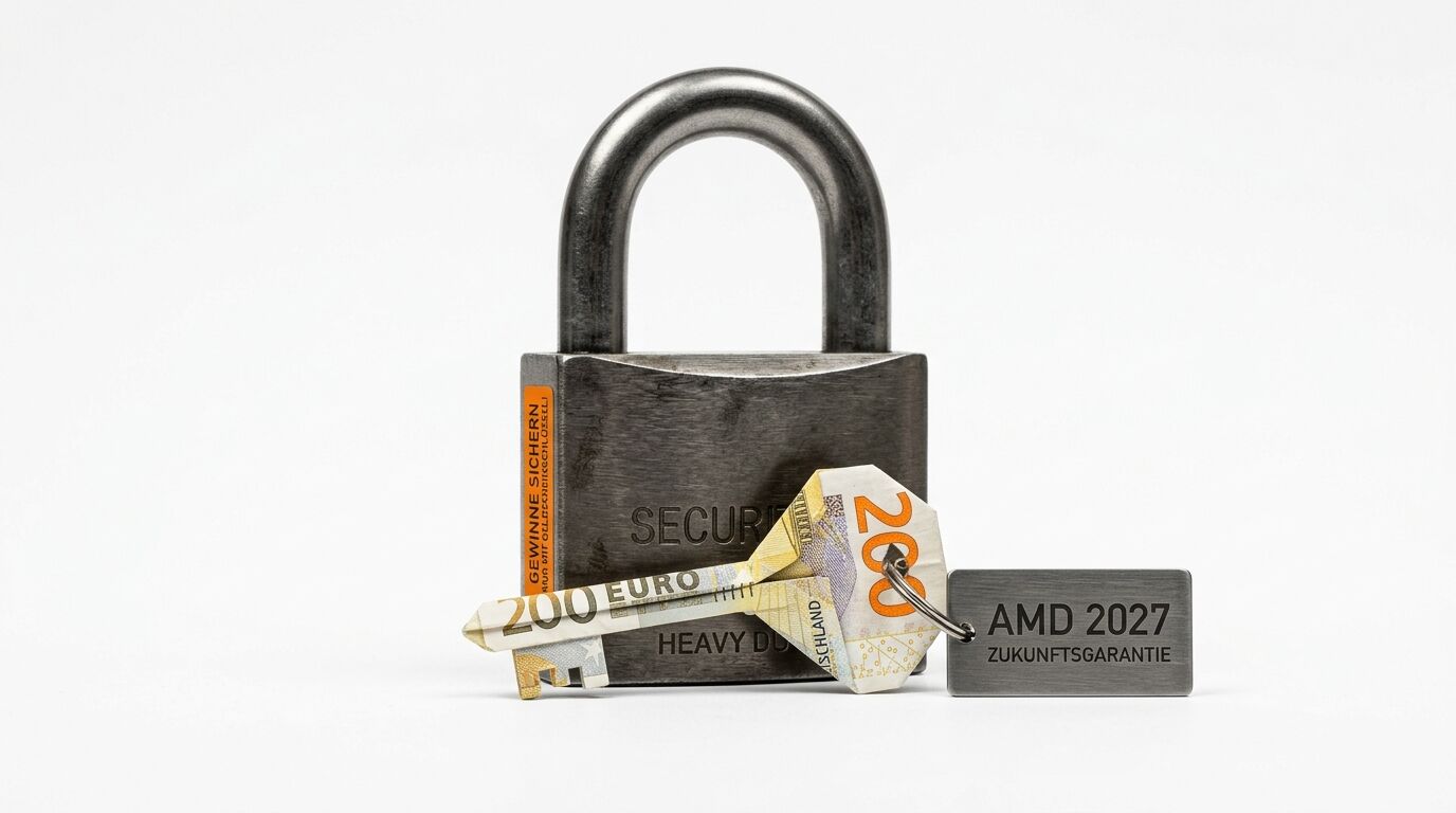 Schloss mit Origami-Euro-Schlüssel und AMD-Anhänger vor weißem Hintergrund