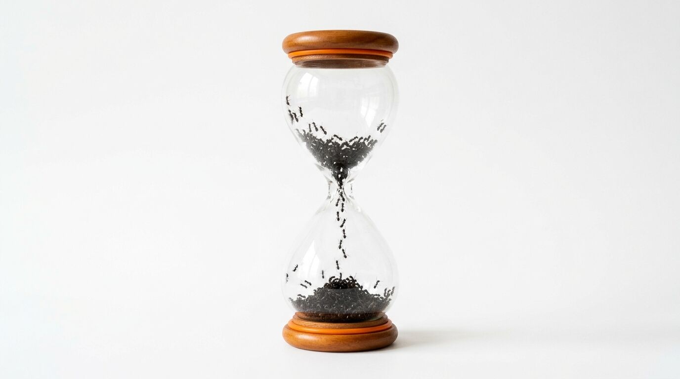 Sanduhr mit Holzenden und Ameisen statt Sand vor weißem Hintergrund