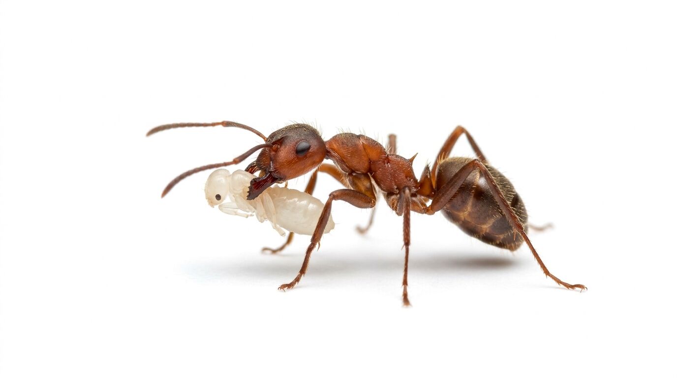 Eine braune Ameise trägt eine helle Puppe vor weißem Hintergrund