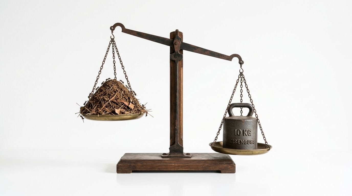 Eine Waage wiegt Ameisennesthügelmaterial gegen ein 10 kg Gewicht auf, alles auf weiß