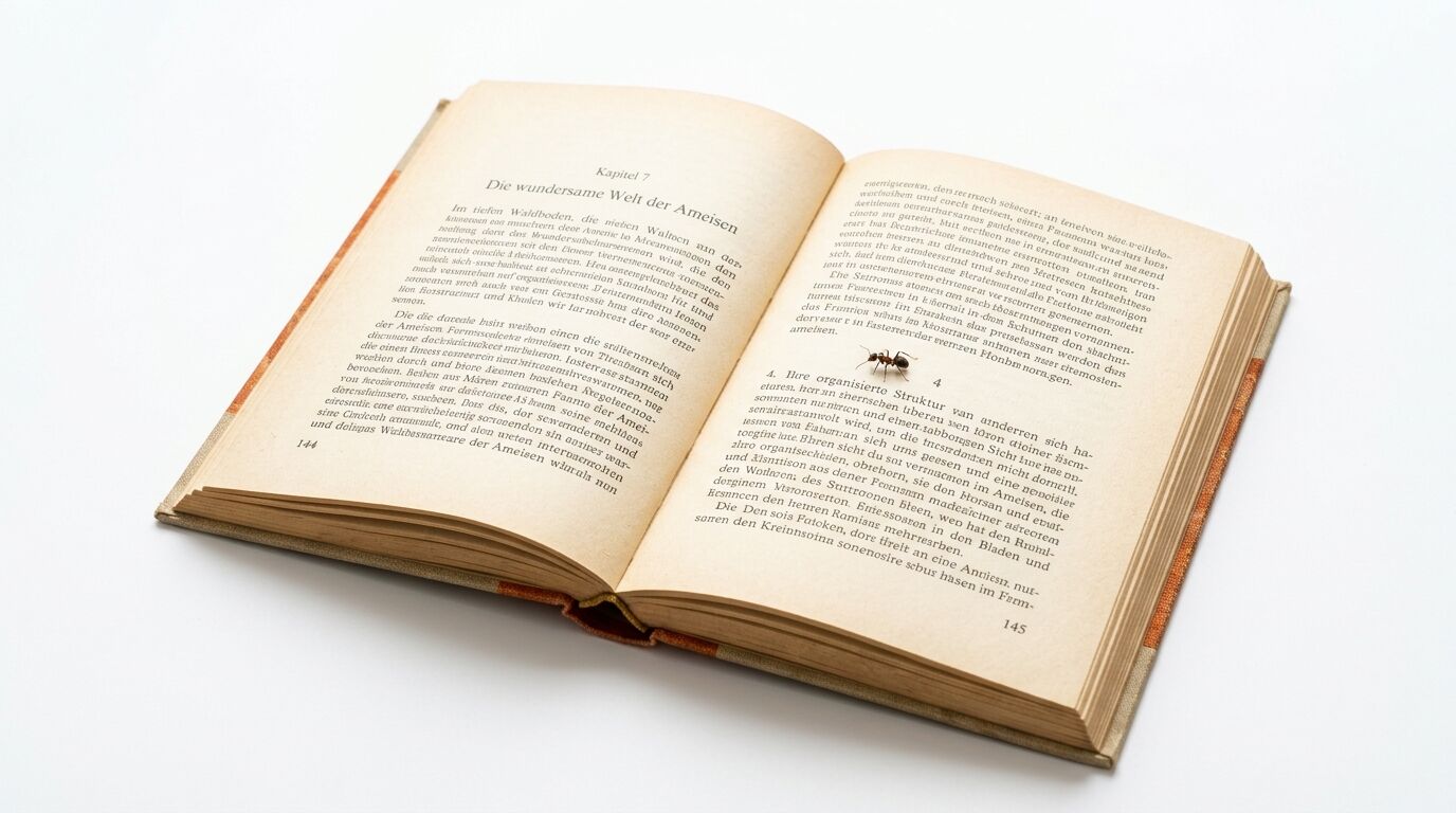 Geöffnetes altes Buch mit einer Ameise auf der rechten Seite auf weißem Grund