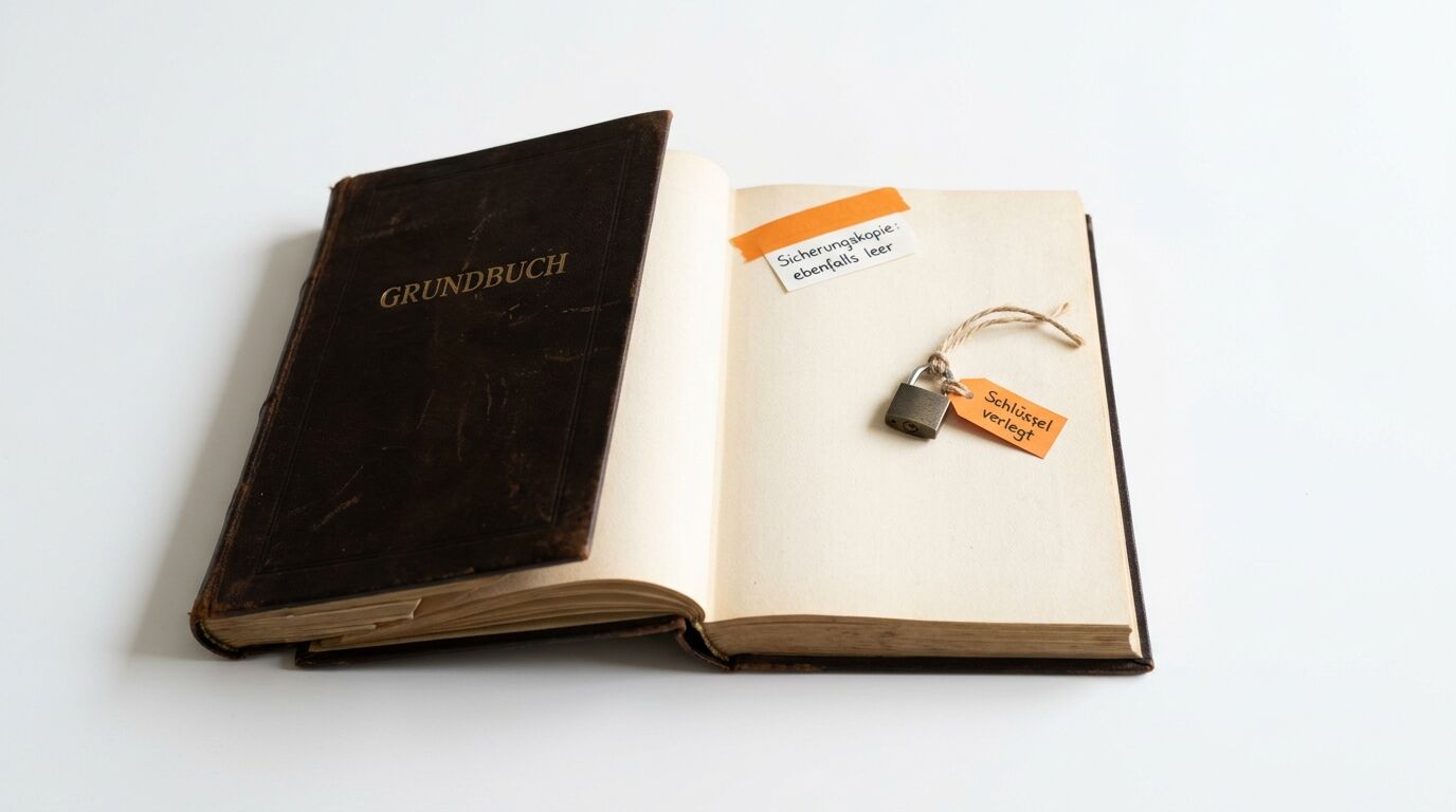 Aufgeschlagenes Grundbuch mit Notiz „Sicherungskopie ebenfalls leer“ und Vorhängeschloss