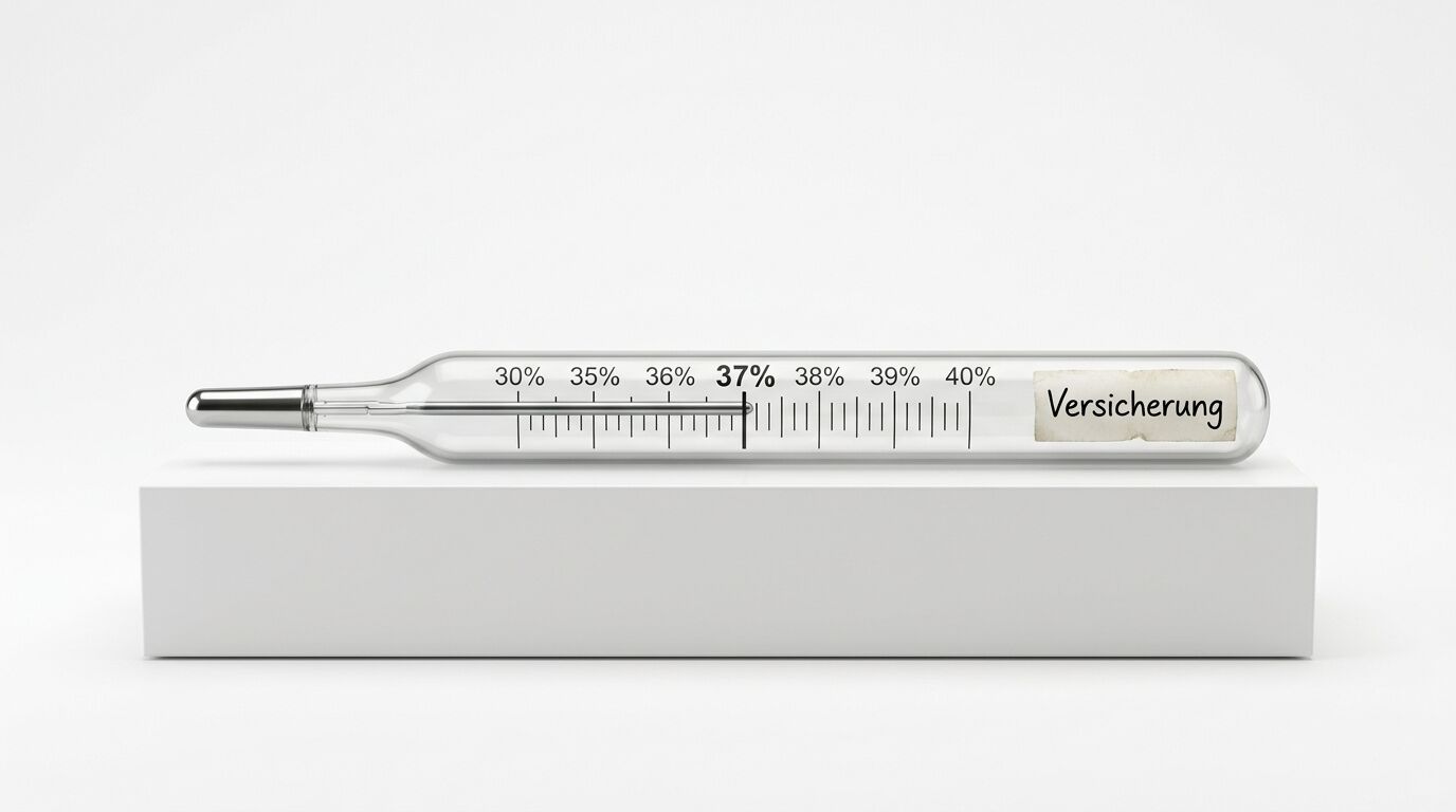 Ein Glasthermometer auf weißem Sockel mit Prozentanzeige, zeigt 37% und rechts „Versicherung“