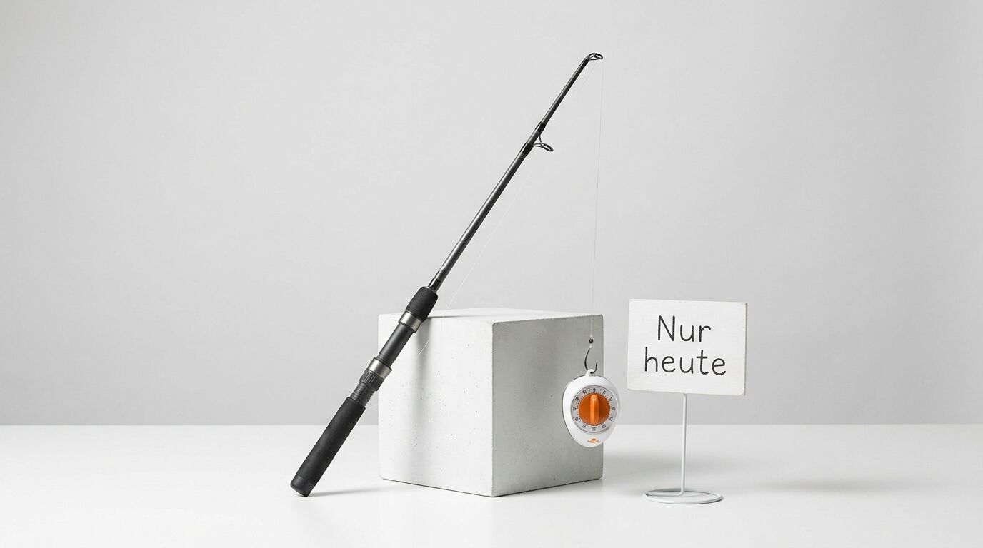 Schwarze Angelrute lehnt an Betonwürfel. Schnur hängt an Küchenwecker. Schild mit Aufschrift 