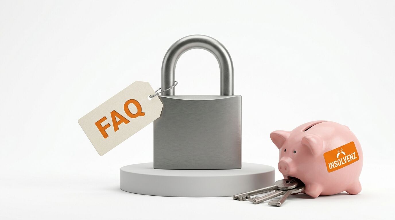 Vorhängeschloss mit FAQ-Schild, daneben Sparschwein mit Aufschrift Insolvenz und Schlüsseln