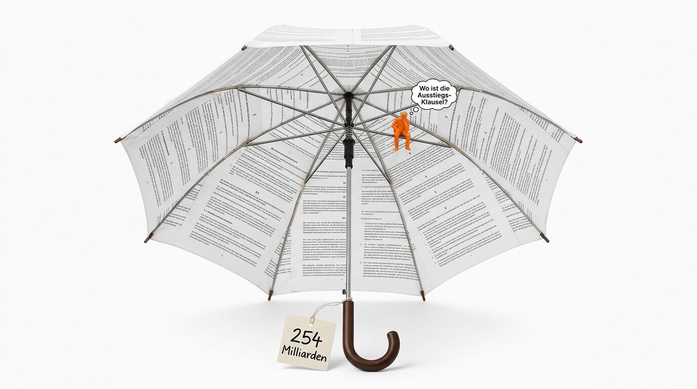Regenschirm mit Vertragstext, Preisschild, Männchen und Sprechblase