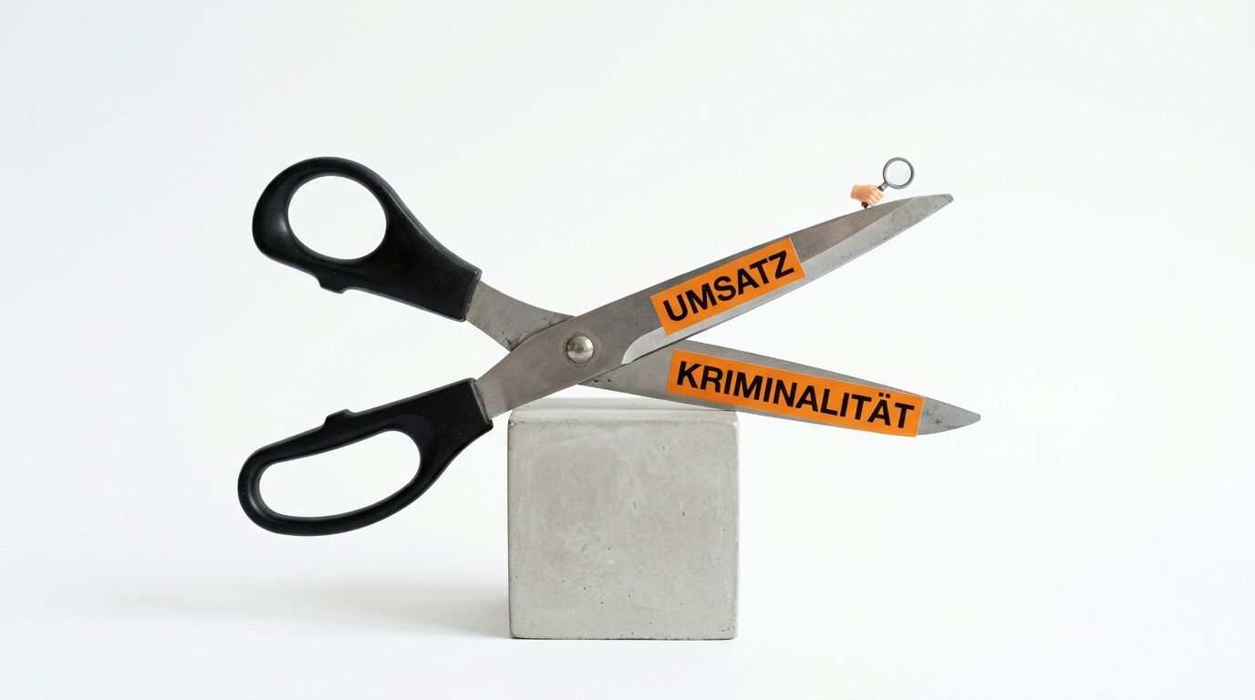 Schere mit Aufschrift UMSATZ, KRIMINALITÄT auf Betonwürfel, winzige Hand mit Lupe