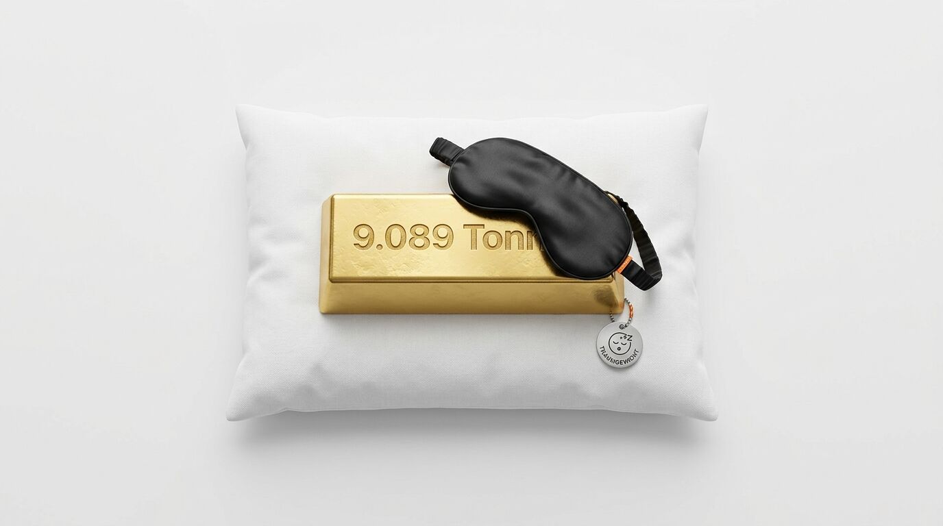 Goldbarren (9.089 Tonnen) mit Schlafmaske auf einem weißen Kissen, inklusive Anhänger