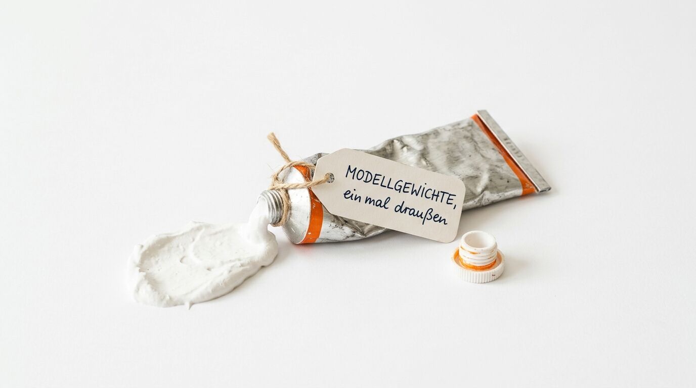 Gequetschte Farbtube, aus der weiße Farbe fließt, mit angehängtem Etikettentext und Deckel