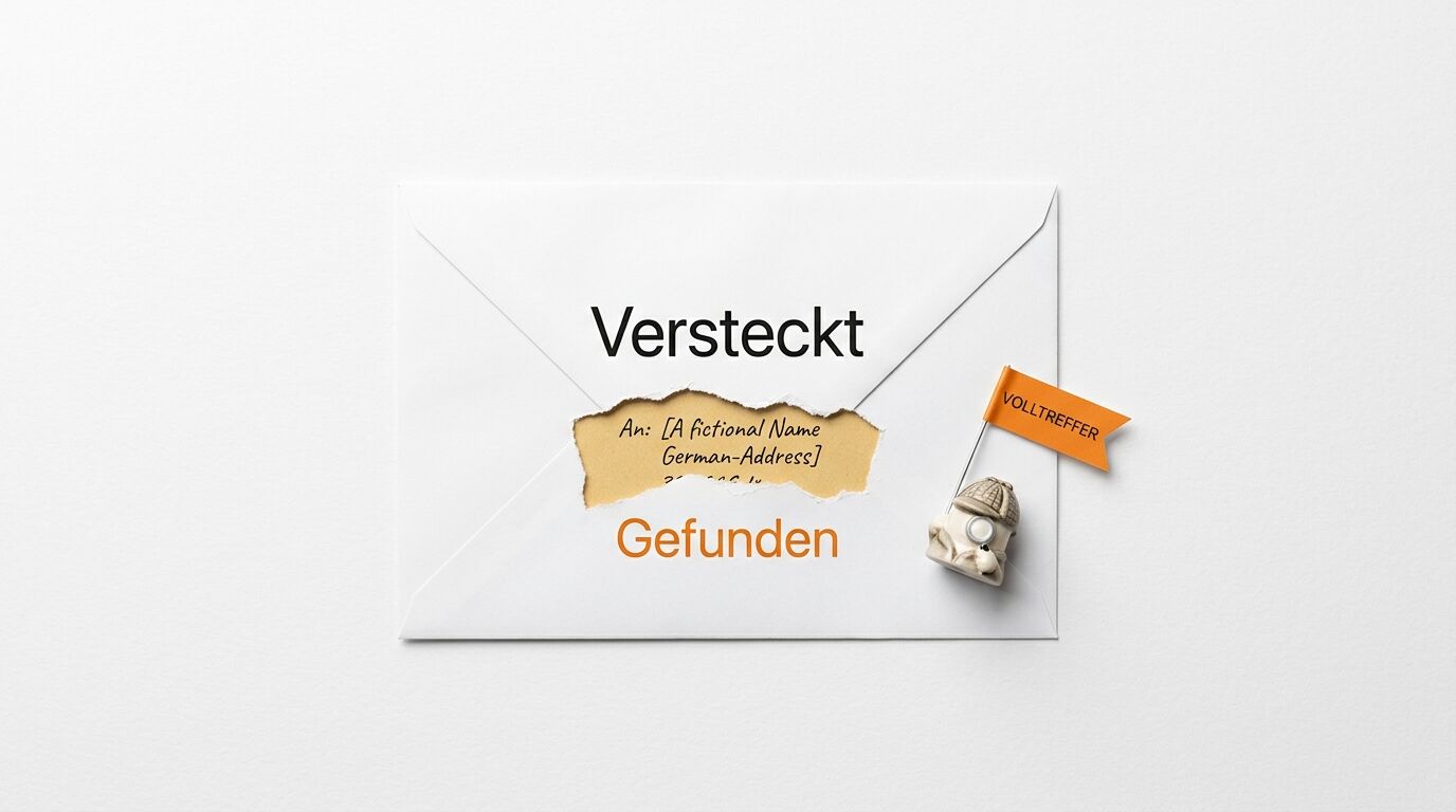 Umschlag mit Riss, Text „Versteckt“, „Gefunden“, Detektivfigur, Flagge „VOLLTREFFER“