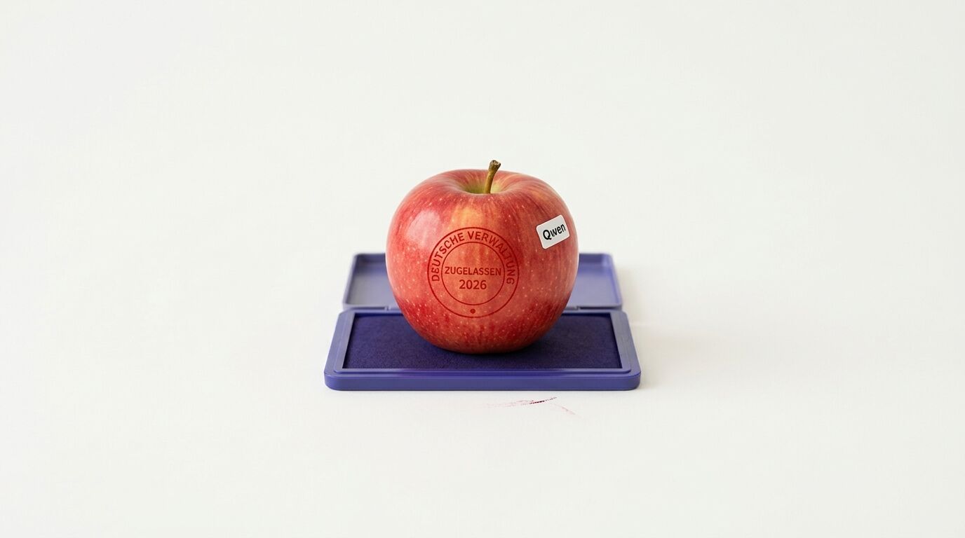 Roter Apfel mit einem roten Stempel „DEUTSCHE VERWALTUNG ZUGELASSEN 2026“ liegt auf violettem Stempelkissen